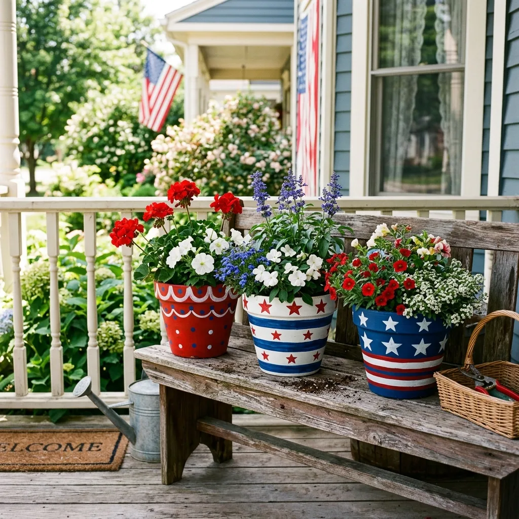 Patriotic clay flower pots on a porch
